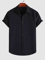 Chemise Bouton en Avant en Couleur Unie à Manches Courtes L Noir