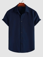 Chemise Bouton en Avant en Couleur Unie à Manches Courtes M Bleu profond