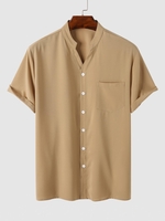 Chemise Boutonnée en Couleur Unie avec Poche à Col V Xl Marron camel