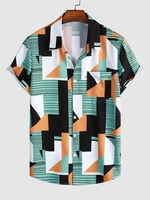 Chemise Boutonnée Panneau Rayé à Imprimé Géométrique à Manches Courtes M Aigue marine moyenne