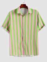 Chemise Boutonnée Rayée Contrastée à Manches Courtes 2xl Rose flamant
