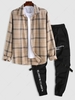 Chemise Cargo à Carreaux en Flanelle Collant à Manches Longues et Pantalon de Jogging Taille unique Café lumière