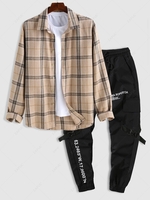 Chemise Cargo à Carreaux en Flanelle Collant à Manches Longues et Pantalon de Jogging Taille unique Café lumière