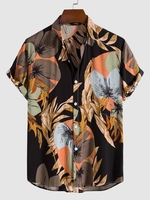 Chemise Décontractée à Imprimé Feuille et Plante à Manches Courtes Xl Noir