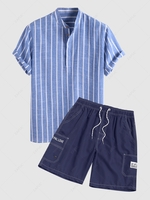 Chemise Décontractée Rayée Demi-Boutonnée et de Short Cargo Cousu à Cordon Taille unique Bleu