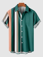 Chemise de Plage Décontractée à Imprimé Rayure à Manches Courtes L Vert foncé