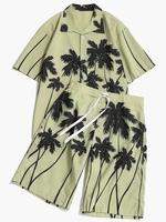 Chemise de Plage Hawa enne à Imprimé Palmier Noix de Coco et Short L Vert pistache