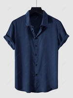 Chemise de Soirée Boutonnée en Couleur Unie à Manches Courtes en Satin L Bleu profond