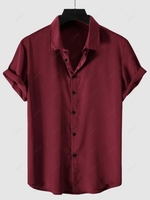Chemise de Soirée Boutonnée en Couleur Unie à Manches Courtes en Satin L Rouge foncé