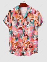 Chemise de Vacances à Imprimé Plante Fleurie Feuille à Manches Courtes à Col Revers M Rouge
