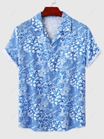 Chemise de Vacances de Plage à Imprimé Feuille Plante à Manches Courtes à Col Revers L Bleu clair