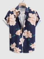 Chemise de Vacances Motif Fleuri à Manches Courtes S Bleu profond