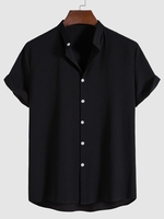 Chemise en Couleur Unie à Manches Courtes à Col Debout L Noir
