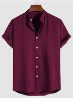 Chemise en Couleur Unie à Manches Courtes à Col Debout L Rouge foncé