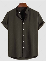 Chemise en Couleur Unie à Manches Courtes à Col Debout M Vert profond