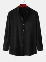 Chemise en Couleur Unie Manches Longues à Col Debout M Noir