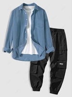 Chemise en Velours Côtelé à Manches Longues et Pantalon Cargo de Jogging avec Multi-Poches à Rabat Taille unique Bleu