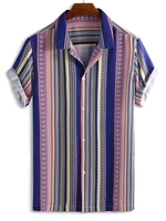 Chemise Graphique Rayée Imprimée Boutonnée à Manches Courtes 2xl