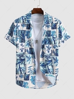 Chemise Haute Basse à Imprimé Feuille et Fleur Tropicale à Manches Courtes S Bleu lapis