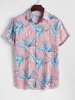 Chemise Haute Basse à Imprimé Feuille Tropicale à Manches Courtes L Rose léger