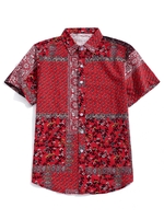 Chemise Imprimée Fleurie Tribale à Manches Courtes L Rouge