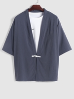 Chemise Kimono Décorée de Bouton de Grenouille à Manches Courtes Xl Gris