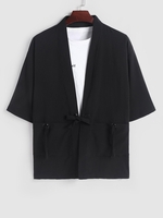 Chemise Kimono Nouée Anneau en O à Demi-Manches avec Poche L Noir