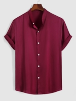 Chemise Maigre en Couleur Unie à Col Debout avec Bouton S Rouge