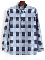 Chemise Motif à Carreaux avec Demi-Bouton à Manches Longues M Bleu clair
