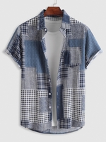 Chemise Motif de Cœur Carreaux à Grille en Blocs de Couleurs à Manches Courtes Xl Bleu profond