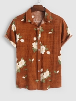Chemise Motif de Fleur à Manches Courtes L Rouge foncé