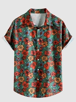 Chemise Motif de Fleur à Manches Courtes M Rouge
