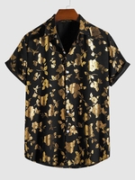 Chemise Motif de Fleur Dorée Métallique à Manches Courtes M Noir