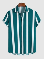Chemise Rayée en Blocs de Couleurs à Manches Courtes L Vert