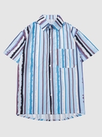 Chemise Rayée Imprimée à Manches Courtes avec Poche Xl Bleu ciel