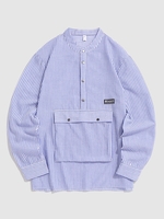 Chemise Rayée Imprimée Demi-Bouton avec Poche en Avant M Bleu clair