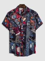 Chemise Rétro Boutonnée à Imprimé Tribal S Bleu profond