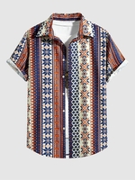 Chemise Rétro Ethnique Motif Géométrique à Manches Courtes L Bleu marine