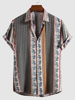 Chemise Style Ethnique à Imprimé Eléphant à Manches Courtes M Vert profond