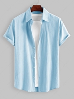 Chemise Texturée Asymétrique en Coton et en Lin à Manches Courtes L Bleu clair