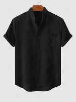 Chemise Texturée en Couleur Unie en Coton et en Lin avec Poche en Avant L Noir