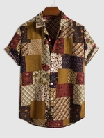 Chemise Vintage à Imprimé Fleuri Carreaux à Manches Courtes S Café
