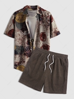 Chemise Vintage à Imprimé Fleurie à Manches Courtes avec Short Simple en Velours Côtelé Taille unique Café