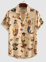 Chemise Vintage Motif de Sirène à Manches Courtes L Café lumière