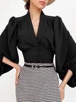 Chemisier Court Corset Boutonné à Manches Lanternes S Noir