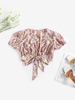 Chemisier Court Plongeant à Imprimé Fleuri Noué à Manches Bouffantes S Rose clair