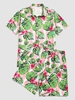 Chemisier de Vacances Fleur Feuille Tropicale Rayé Contrasté et Short Xl Rose clair