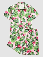 Chemisier de Vacances Fleur Feuille Tropicale Rayé Contrasté et Short Xl Rose clair