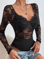 Combinaison Coupé Transparent en Dentelle Florale M Noir