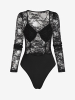 Combinaison Coupé Transparent en Dentelle Florale S Noir